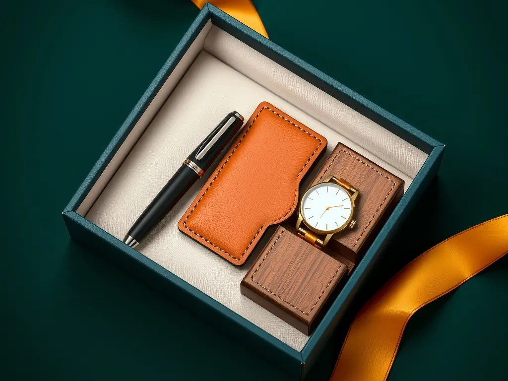 Open dark green gift box with a fountain pen, tan leather card holder, watch and wooden box