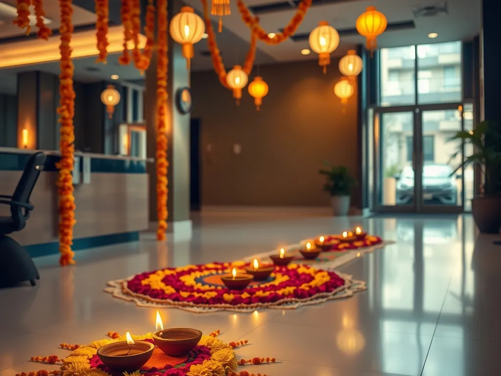 Office reception decorated with a flower rangoli, lit diyas, marigold garlands and lanterns