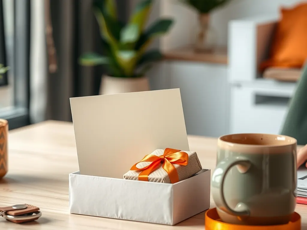 Blank welcome card tucked into a gift box with a ribbon-tied present and a ceramic mug on a desk