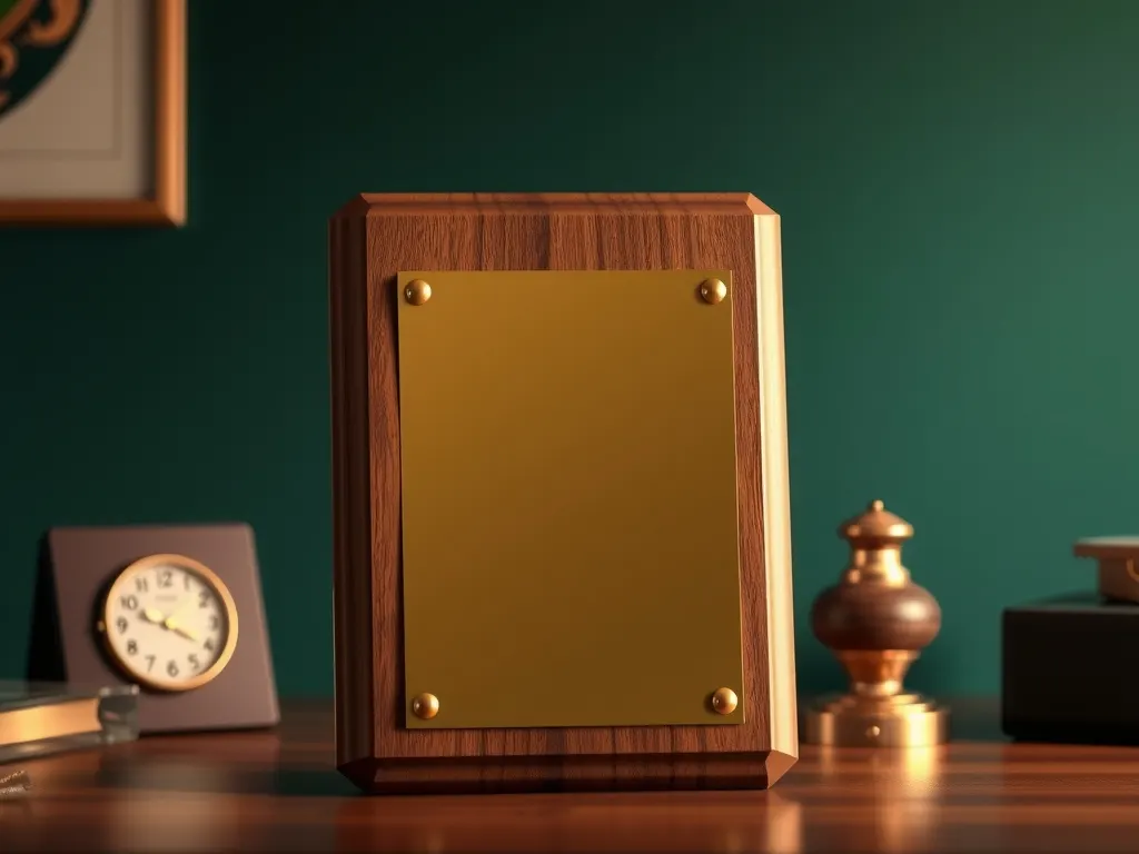 Blank polished walnut plaque with a brass plate on an office desk