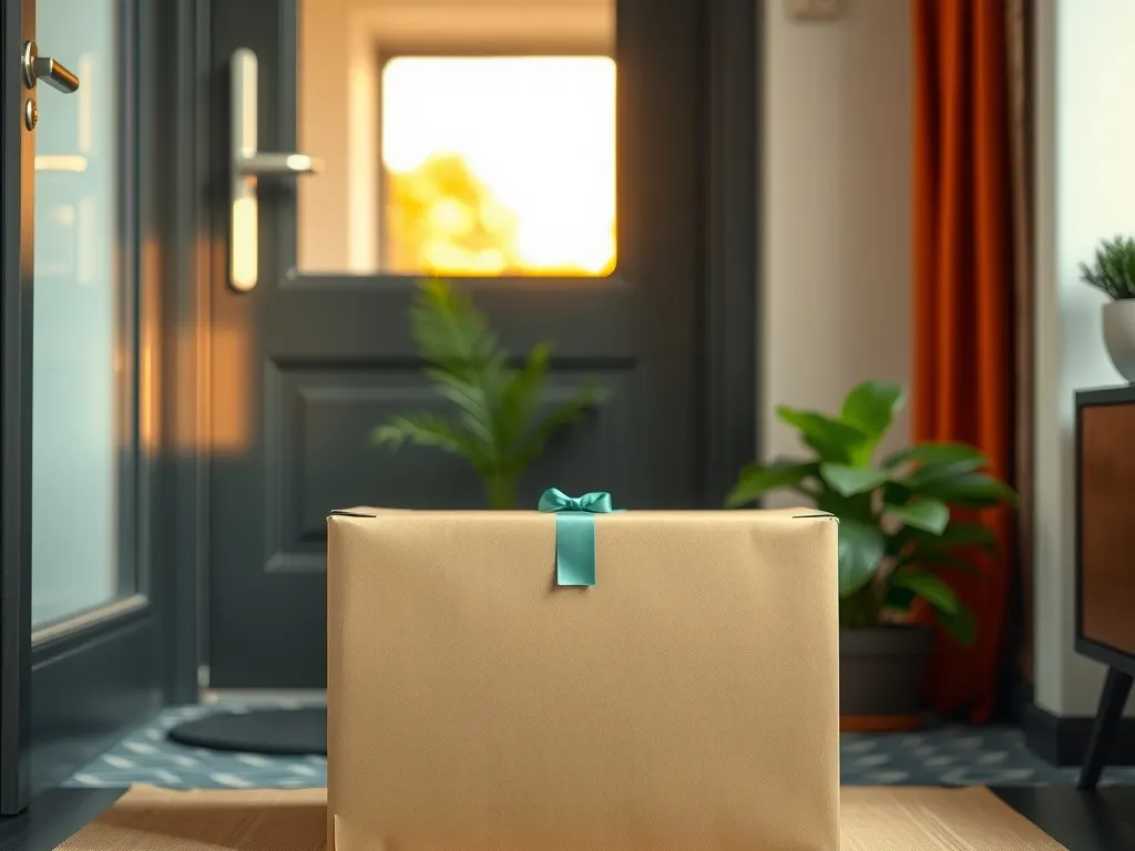 Plain cardboard shipping box with a green ribbon waiting at the front door of an apartment