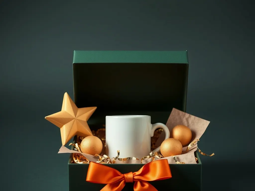 Dark green gift box with a gold star ornament, white mug and gold foil truffles tied with an orange ribbon