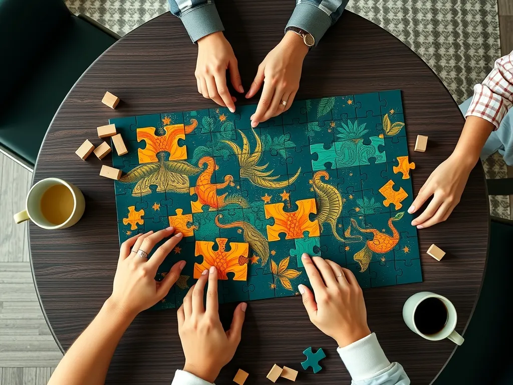 Colleagues' hands assembling a green and orange jigsaw puzzle together on an office table