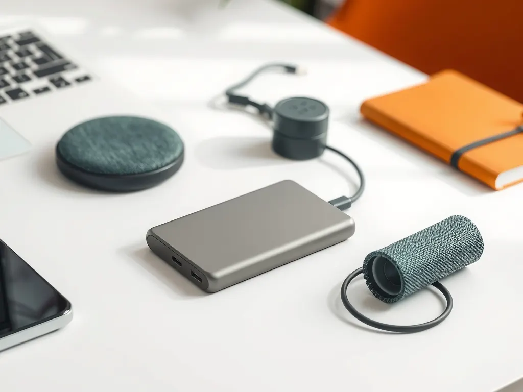 Wireless charging pad, grey power bank and a compact green bluetooth speaker on a white desk