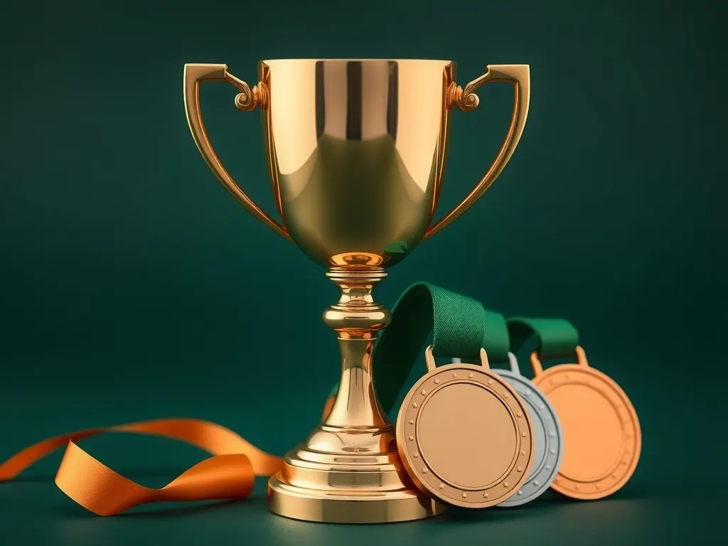 Gold trophy cup with gold, silver and bronze medals on green ribbons