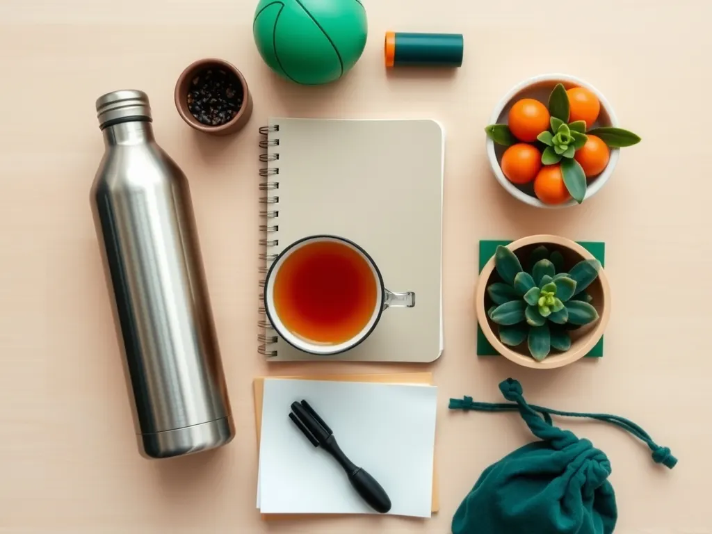 Flat-lay of a corporate wellness kit with a steel bottle, herbal tea, journal, stress ball, succulent and fresh fruit