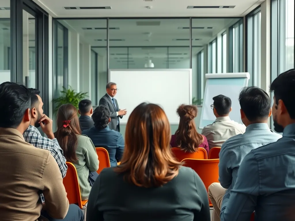 Audience seated in a modern meeting room listening to a presenter beside a whiteboard