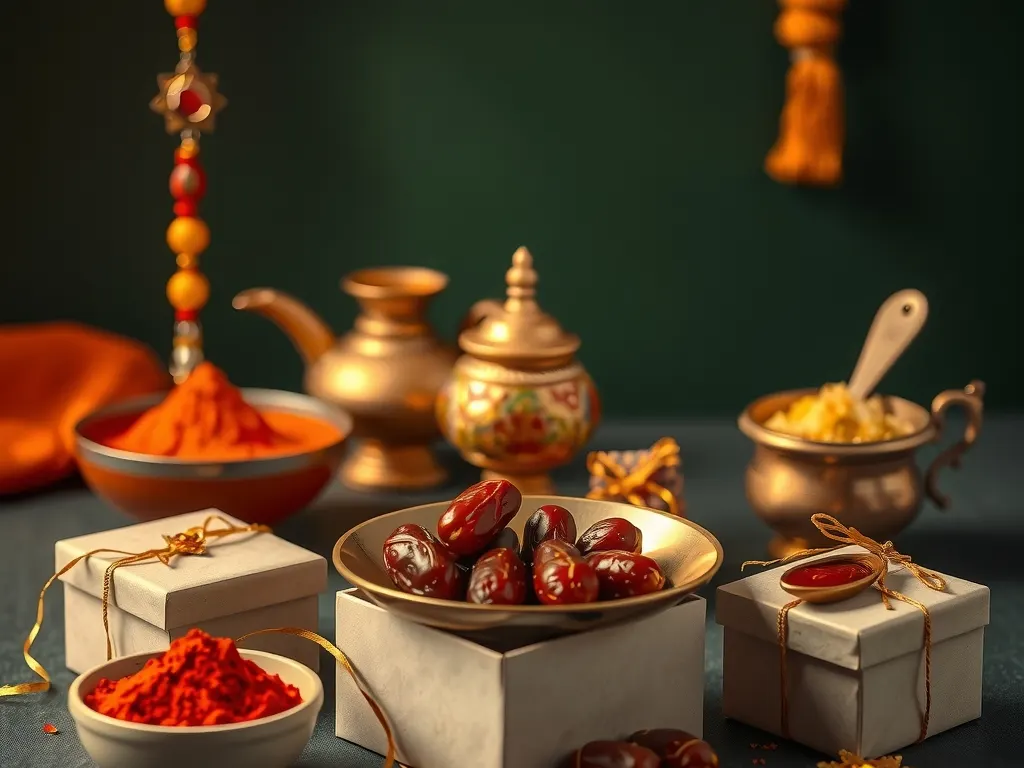 Festive still life with gulal powder, a rakhi, brass lamps, dates and small gift boxes