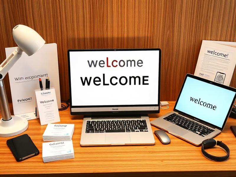 Executive onboarding desk setup with branded accessories